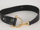 black leather belt with a gold buckle on a white background
