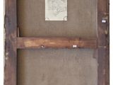 an old picture of a wooden frame with a piece of paper on it