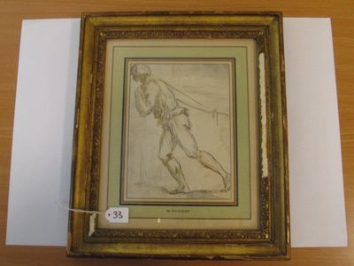 dessin encadré représentant un homme tenant une batte de baseball posée sur une table