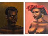 two paintings of a woman and a man with a red head scarf