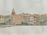 a picture of a painting of a city by the water