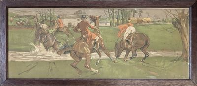 une peinture représentant un groupe de personnes à cheval dans un champ