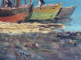 painting of a group of boats on the shore of a beach