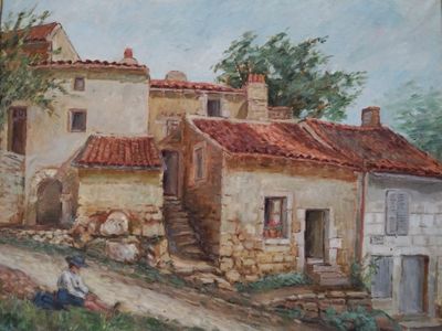 a painting of a building on the side of a hill