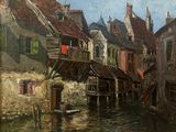 tableau représentant une scène de canal avec de vieux bâtiments et un parapluie rouge