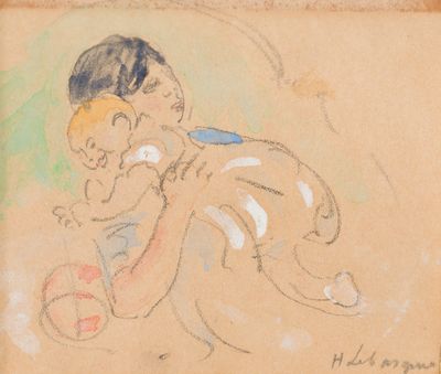 drawing of a child holding a baby in his arms