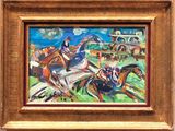a painting of horses and jockeys racing on a track