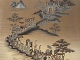 a picture of a painting of people on a bridge