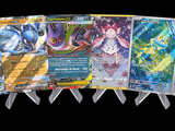 a lot of pokemon cards on display on a black background
