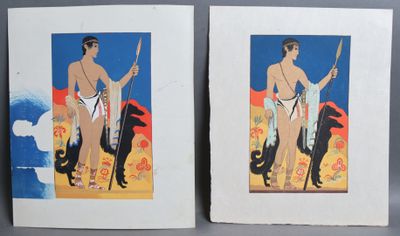 two paintings of a man and a woman with a dog on a beach