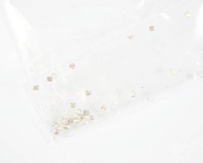 a clear bag with a bunch of small white flowers inside of it
