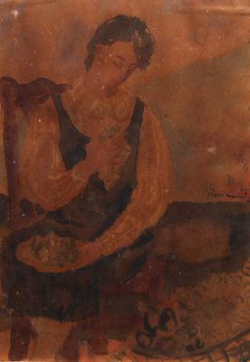 an old painting of a man sitting on a chair with a dog