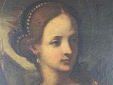 painting of a woman in a red dress with an angel above her head