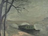 a painting of a boat on the water near a tree
