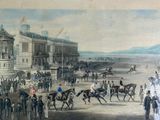 a painting of a horse race being held in front of a large building