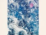 an image of a blue and white painting with a pink flower