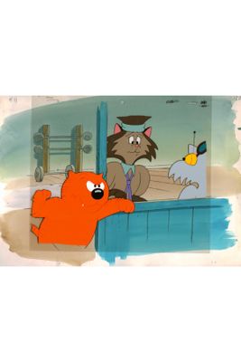 an image of a cartoon of a cat and a bird on a bed