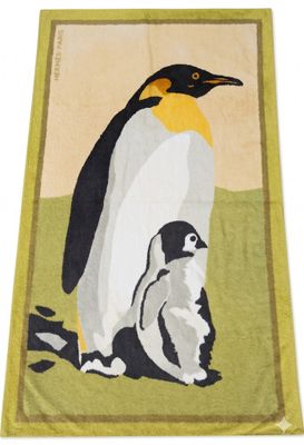 a towel with a picture of a penguin and a baby penguin on it