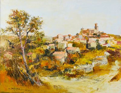 une peinture à l'huile représentant un village situé sur une colline, avec un arbre au premier plan