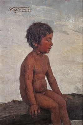 Gyorgy VASTAGH (1834-1922) Jeune garçon assis sur un tronc.