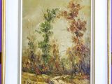 an image of a painting of a dirt road with trees in the background