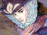 a painting of a woman in a purple dress with a cat on her head