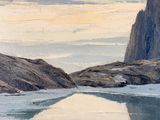 a painting of a mountain with a body of water in it