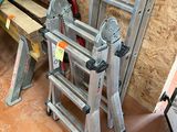 a ladder that is leaning against a wall next to a bench