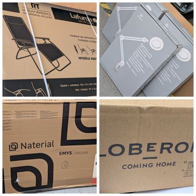plusieurs photos d'une boîte contenant une chaise et d'une boîte contenant une chaise