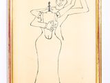 dessin représentant une femme en robe longue tenant une bouteille de vin