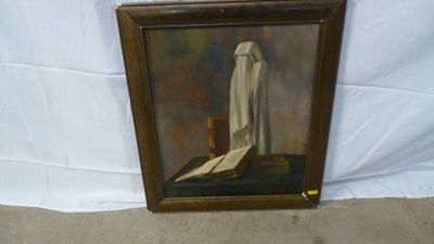 an oil painting of a white robe on a table next to a cross