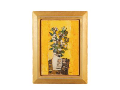 Jacques DAUFIN (1930) Bouquet de fleur sur fond jaune