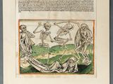 un vieux livre sur lequel figure un dessin représentant des squelettes