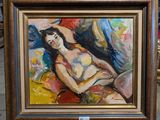 une peinture à l'huile représentant une femme assise sur un canapé dans une pièce