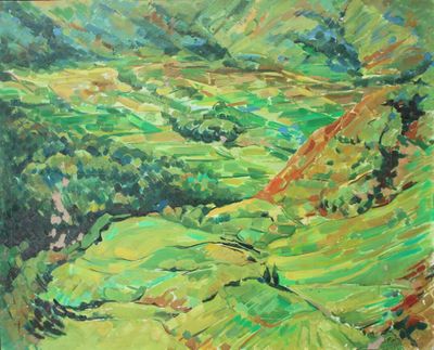 an oil painting of a green landscape with mountains in the background