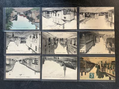 several old postcards of a train station with people walking on the tracks