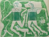 drawing of a group of people in a field with a dog and a cat