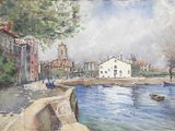 a watercolor painting of a town by the water
