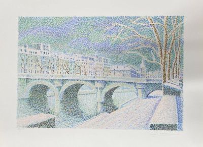 painting of a bridge over a body of water with snow on the ground
