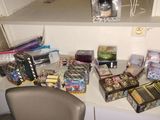 a desk with a computer and a lot of items on it