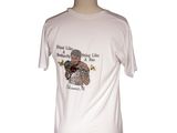 the white t - shirt has a picture of a man with a beard and mustache on it