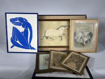 several framed pictures of a woman in a blue dress and a cat