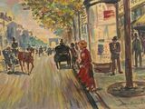 a painting of a woman walking down the street with a horse drawn carriage