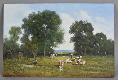 un tableau représentant des vaches dans un champ, avec des arbres en arrière-plan