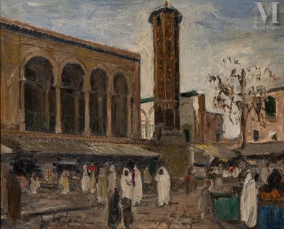 painting of a street scene with a clock tower in the background