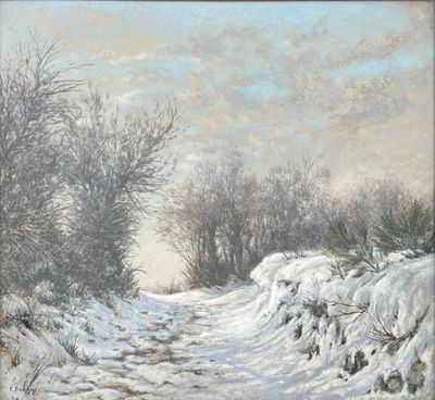 a painting of a snowy road with trees and bushes in the background