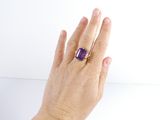 someone is holding a ring with an amethorate stone in it