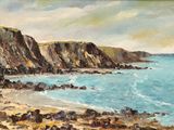 une peinture à l'huile représentant une vue de plage avec des rochers et un plan d'eau