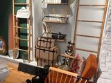 un salon avec une cheminée et une échelle