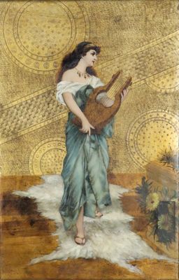tableau représentant une femme jouant de la guitare sur un tapis dans une pièce